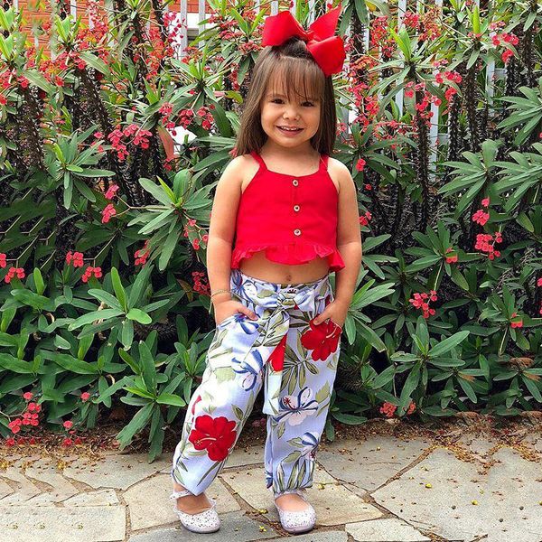 

1-5t toddler kids baby girl flower clothes set sleeveless crop and floral long pants set cute boho beach summer outfits, White
