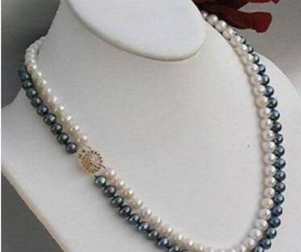 

necklace ++ 2 rows 8-9 mm black + white akoya south sea pearl necklace 18", Silver