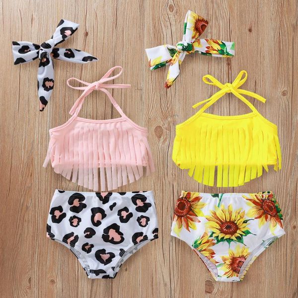 

kids baby girls tassel sunflower print summer swimwear swimsuit bikini outfits sling ruffle crop print mini skirt headband, White