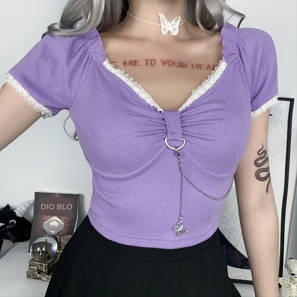 

22114p2020 slim chain duan xiu bubble sleeve t-shirt butterfly butterfly navel t-shirt female ins top, White