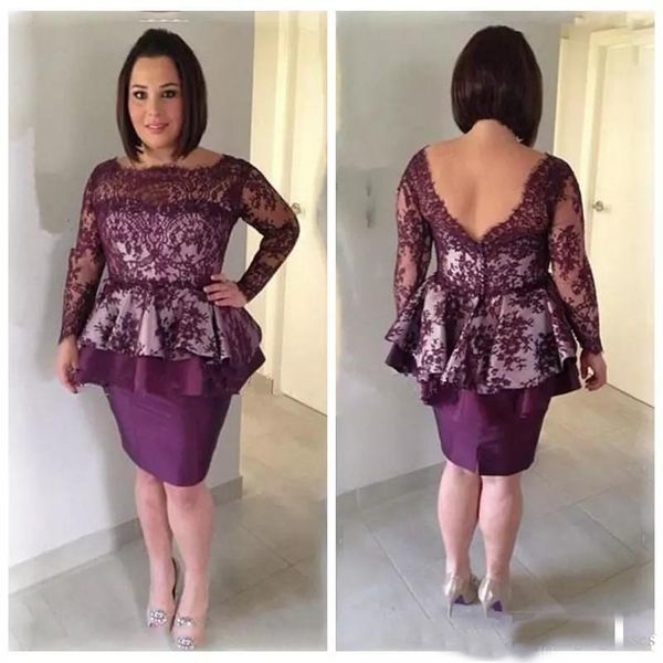 

2019 Grape Lace Sheath Mother Dresses Long Sleeves Short Mother Of The Bride Gowns Knee Length Women Formal Party Cocktail Dress