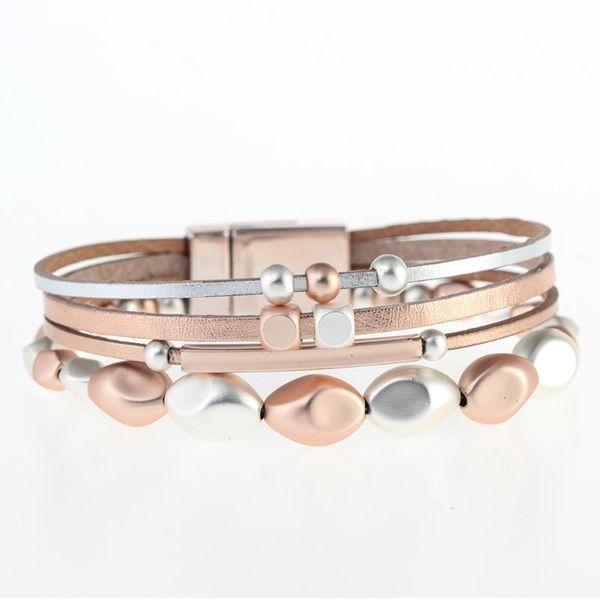 

d&d multilayer leather bracelet acrylic bead magnetic buckle charm femme wide bracelets & bangles female jewelry, Golden;silver