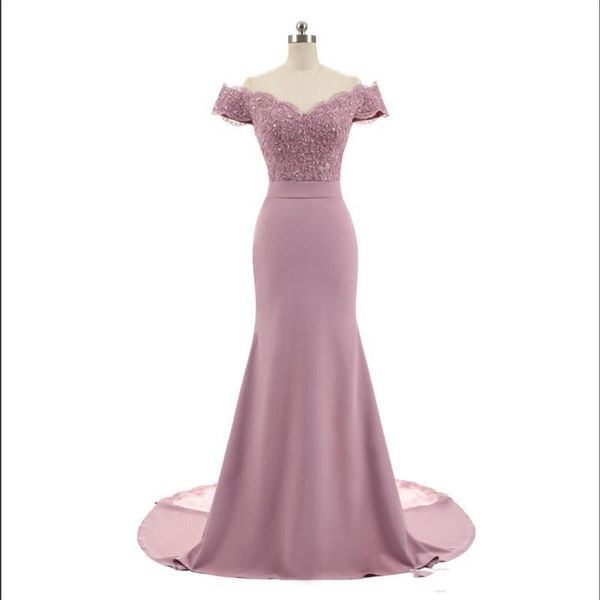 

vintage dusty pink v neck off the shoulder cap sleeve bridesmaid dresses lace appliques beaded mermaid party gowns vestido de festa, White;pink