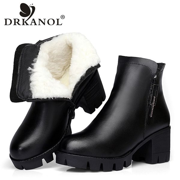 

drkanol new wool fur women winter snow boots 2019 genuine leather thick high heel ankle boots for women platform warm shoes, Black