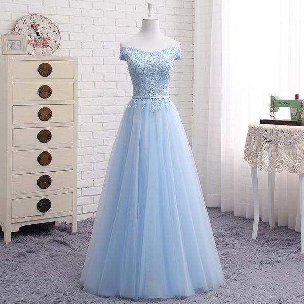 

Off the Shoulder Tulle Long Bridesmaid Dresses with Lace Wedding Party Dress Blush Pink Sky Blue Champagne