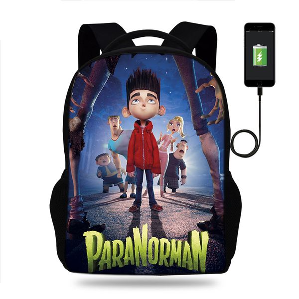 

17inch cartoon paranorman print usb port backpack kids children school bag for teenager boys&girls travel daily backpack