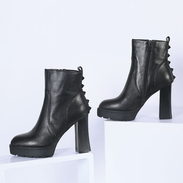 

2018 fashion platform heels women ankle boots solid-black leather warm fur thick high heels autumn winter boots
