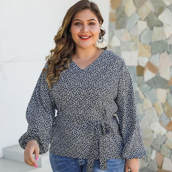 

fashion women's summer casual vintage floral blouse v-neck print long sleeve lace-up blouse plus size shirt camisas feminin, White