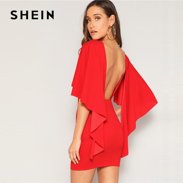 

shein open back cloak sleeve summer mini dress women glamorous round neck slim fit solid night out party dress, Black;gray