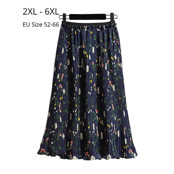 

plus size 6xl 5xl 4xl 3xl 2xl women summer skirts femme floral print pleated bottoms elastic high waist elegant skirt for mujers, Black