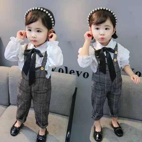 

baby clothes lace white shirt + jumpsuit 2 pcs girls outfits plaid overalls girls clothes spring autumn formal suit for girls