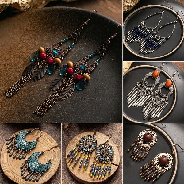 

ethnic long tassel earrings for women vintage beads brincos ear big drop earrings 2019 female fashion boho jewelry wholesale, Silver