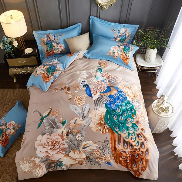 

oriental pastel peacock print bedding set  king size brushed cotton duvet cover bedsheets home textiles for winter