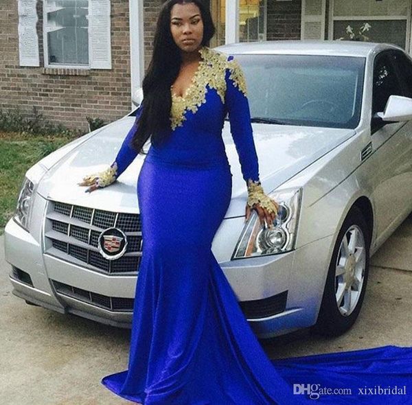 Africano Plus Size Royal Blue Mermaid Prom Dresses Appliques dorati Maniche lunghe Scollo a V Abito da sera Abiti da festa formale robes de soir￩e