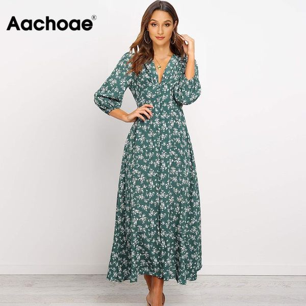 

women elegant v neck long shirt dress 2020 autumn floral print three quarter sleeve split dress casual button boho midi dresses, Black;gray