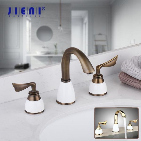 

jieni antique brass bathroom bathtub faucet polish white base gold plated 3 pcs set 2 ceramic handles basin sink water mixer tap