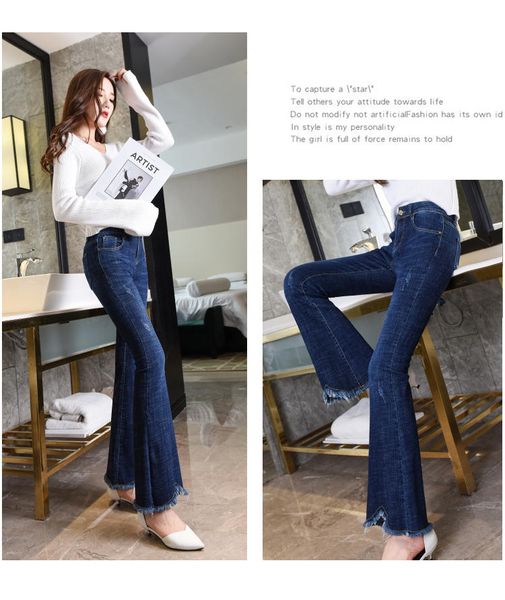 

the blue long show thin wide-legged pants joker irregular burrs jeans