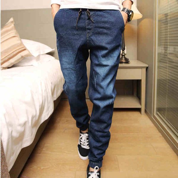 

men's jeans in 2021,mens denim men drawstring slim fit joggers mens stretch elastic jean pencil pants casual, Blue