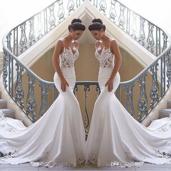 

2020 modern spaghetti straps lace mermaid beach wedding dresses satin lace applique boho wedding bridal gowns robes de mariÃ©e, White