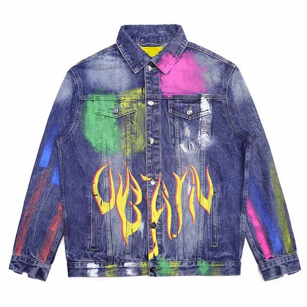 

mcikkny fashion men's cargo denim jackets painted hip hop jeans jackets for male streetwear, Black;brown