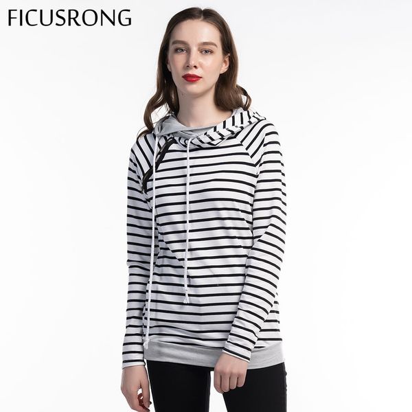 

ficusrong 2019 толстовки с капюшоном для женщин весна осень дамы причинные полосатые лоскутные узкие топы с длинным рукавом пуловеры, Black