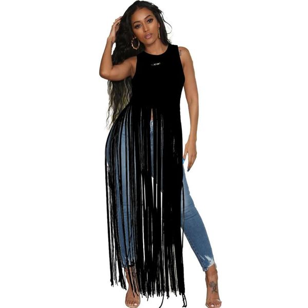 

long tassels sleeveless dress o neck black casual summer dress high waist pull over suits plus size 3xl women night, White;black