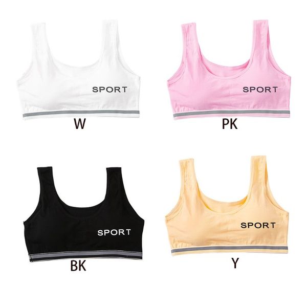 

Teens Girls Sport Letters Printed Cotton Underwear Wireless Removable Padded Training Bra Seamless Stripes Wide Strap Vest 8-12T