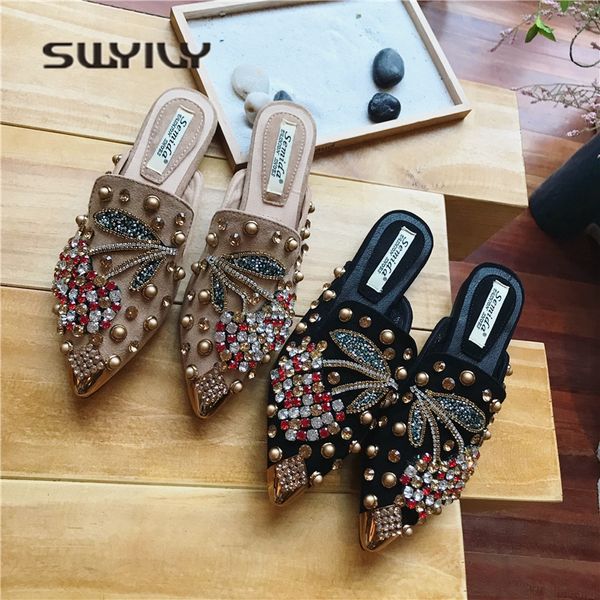 

swyivy women slipper pointed toe crystal flower 2018 spring female luxury half slippers lady outside wear slides woman slippers, Black