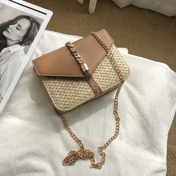 

patchwork straw weaving tassel chain pu women's shoulder bags ladies leather messenger bags brands straw summer beach bag female