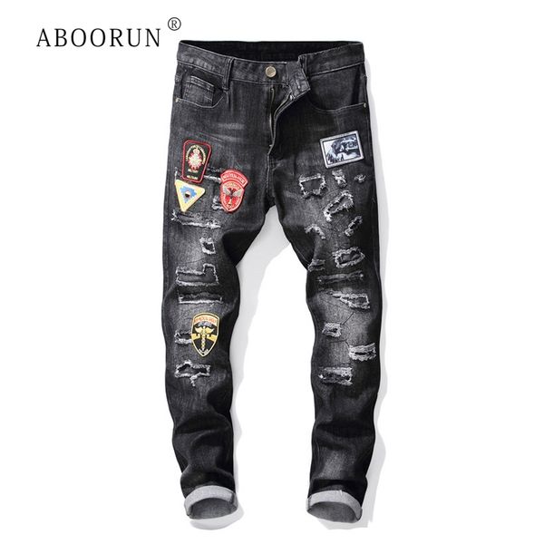 

aboorun men's ripped jeans fashion badges patchwork jeans skinny pencil trousers for male r591, Blue