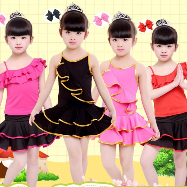 

ballroom latin dance dress girls kids dresses competition children salsa tango rumba samba for dancing practice skirts set, Black;red