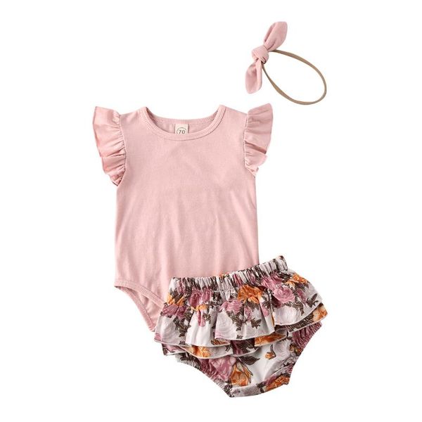 

модные детские летние одежды набор для новорожденных infant baby girl рябить с коротким рукавом твердые ромпер tops + цветок шорты + оголовь, White