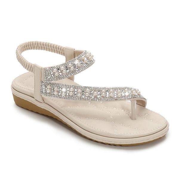 

2020 wedding women sandals flat summer crystal diamond big size plus slip on bridal white wide fit bling pearl toe ring shoes 36, Black