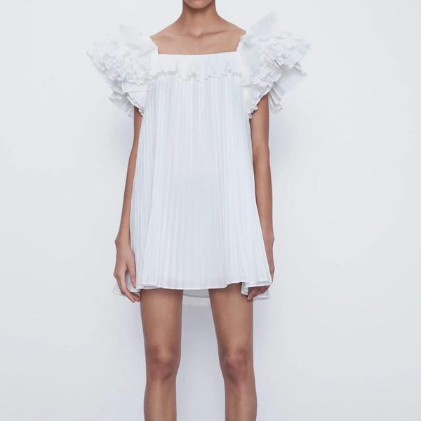 

2020 новое лето женщины белый плиссированные гофрированные рукавов короткое платье прямой шеи объемные рюшами модные женские платья, Black;gray