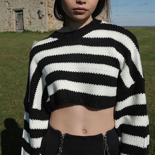 

мода свитер круглым воротом короткие трикотажные пуловеры женщины с длинным рукавом в полоску свитера, White;black