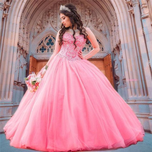 Pembe Tül Sweetheart Balo Kokteyl Parti Elbiseleri 2020 Yeni Geliş Bahar Ucuz Quinceanera Modelleri Boncuklu vestidos de Quinceañera