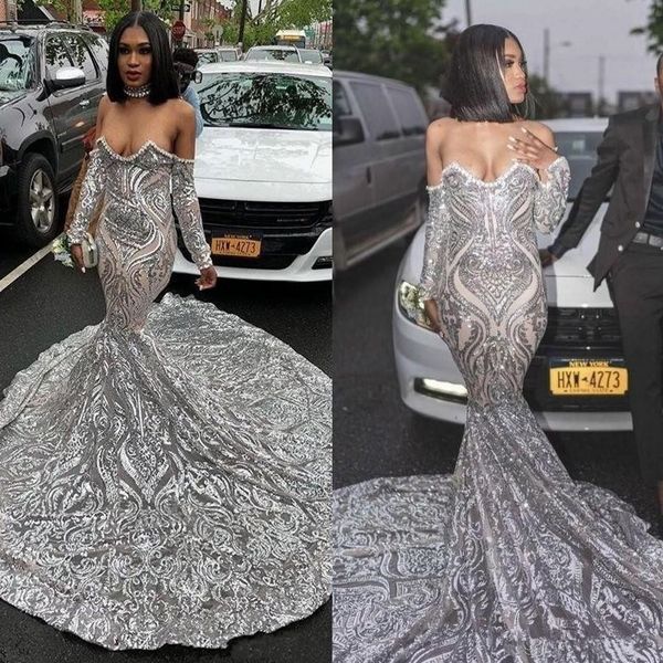 

2020 chic sliver mermaid prom reflective dresses long sleeve sweep strain illusion sweetheart formal evening dress party gowns custom made, Black