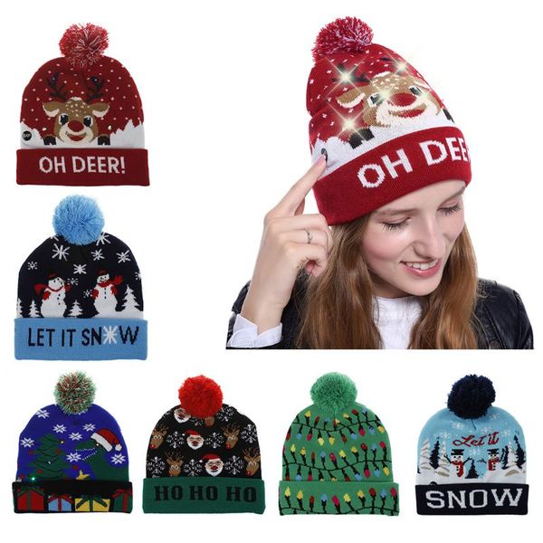 

women girl novelty led light up knitted cap holiday christmas colorful ugly sweater funny patterns pompom beanie cuffed hat gift, Blue;gray
