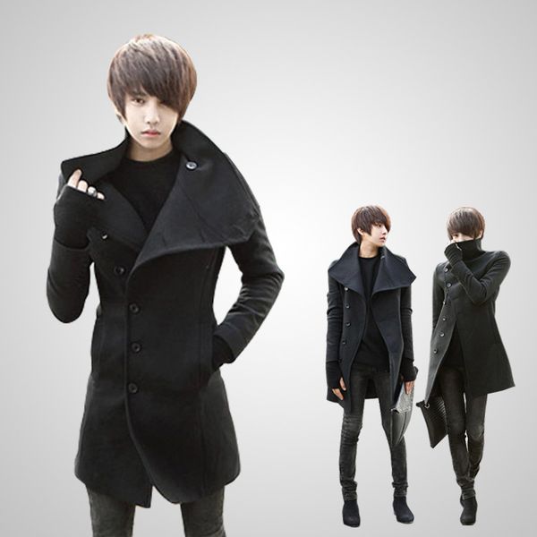 

trench coat men autumn style single breasted woolen cloth fabric long mens winter turn down collar tov003, Tan;black