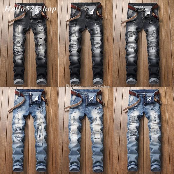 

hello528shop vintage new 2019 hole motorcycle jeans for men elastic bike blue black folds frazzle distrressed long trousers pants straight
