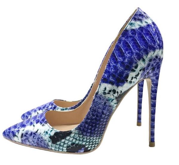 Venda quente - Snake Impresso Azul Mulheres Sapatos de Salto Alto 12cm / 10cm / 8cm Sapatos de Festa para Mulheres Bombas de Salto Alto Tamanho 12 42 43 44 45