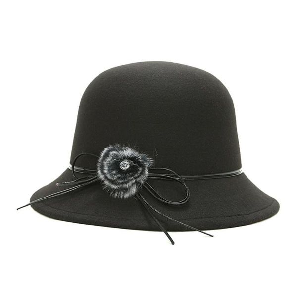 

spring autumn felt fedoras hats women rhinestones pompoms bucket faux wool winter hat for lady elegant casual headwear accessory, Blue;gray