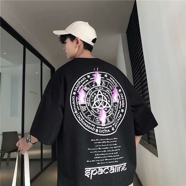 

summer harajuku geometric print loose t-shirt five-point sleeves youthful vitality japanese clothes couple male solid new top, White;black