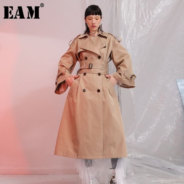 

eam] 2019 new spring lape long sleeve double breasted belt loose big size long camel windbreaker women coat fashion tide je6880, Tan;black