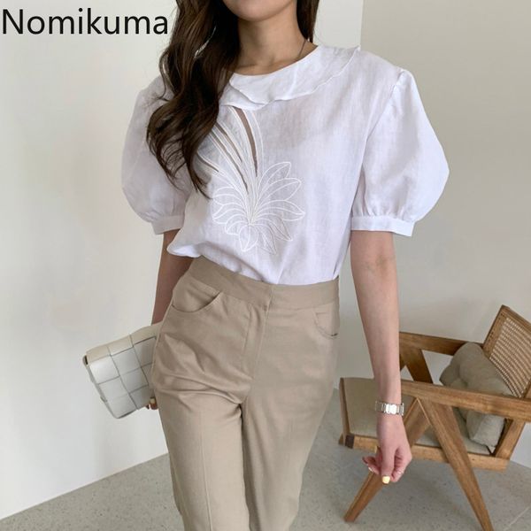 

nomikuma flower embroidery vintage shirts hollow out short sleeve summer blouse women korean fashion loose blusas 3b931, White