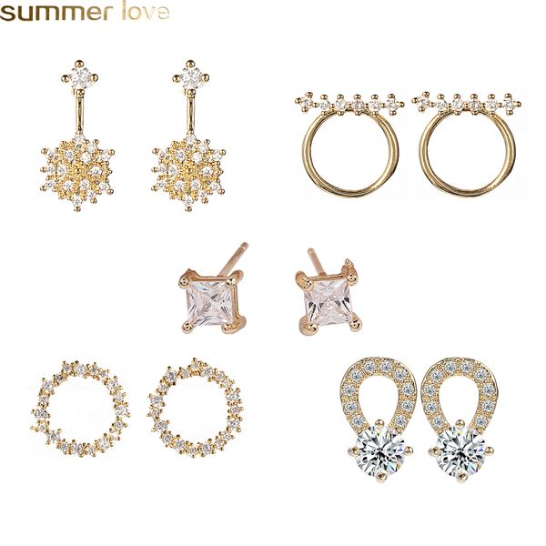 

new brand design zircon earrings for wedding jewelry shining 925 sterling silver needle geometric circle earring for girls women, Golden;silver