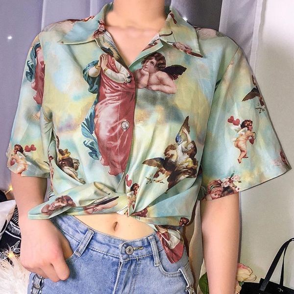 

women's blouses & shirts cute angel printed blouse women spring summer chiffon shirt print short sleeve oversize lapel loose tunic, White