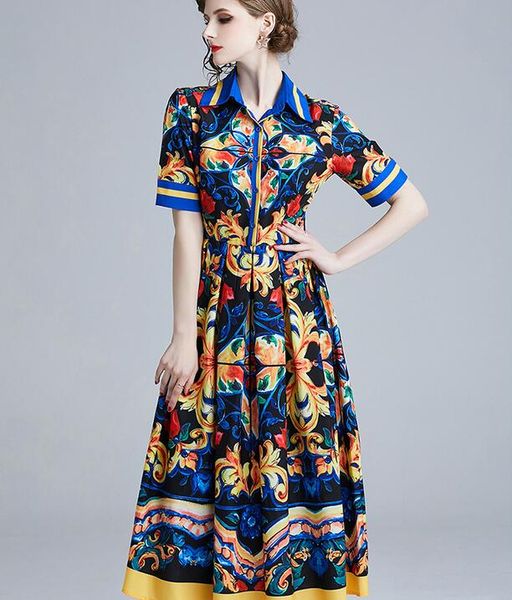 

vintage printed pleated skirt women a-line spring lapel neck large swing dress retro print short-sleeved mid-carf dress, Black;pink