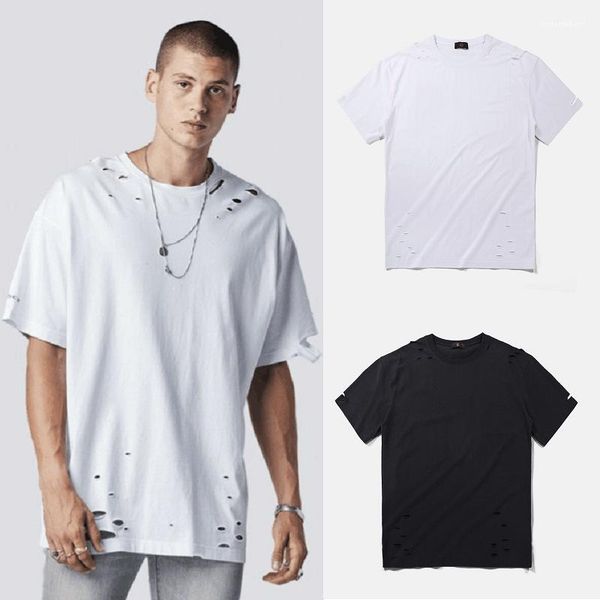 

solid color hollow out crew neck loose tshirt fashion casual mens stree style clothing summer designer tshirts, White;black
