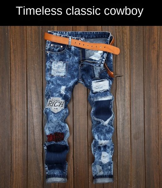 

mens designer street hole & patch fashionable straight slim jeans, Blue